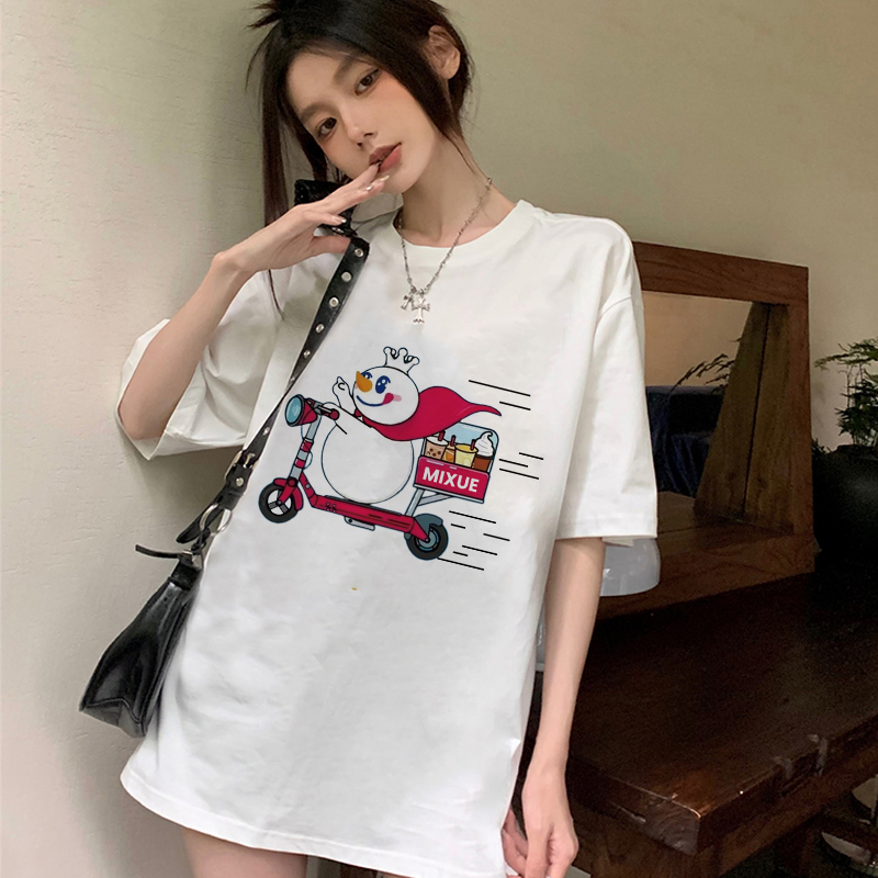 100% Katun Kaos Vintage Hitam Atasan Wanita Lengan Pendek Oversize MIXUE Printed T-shirt Baju Wanita Kekinian Korean Style