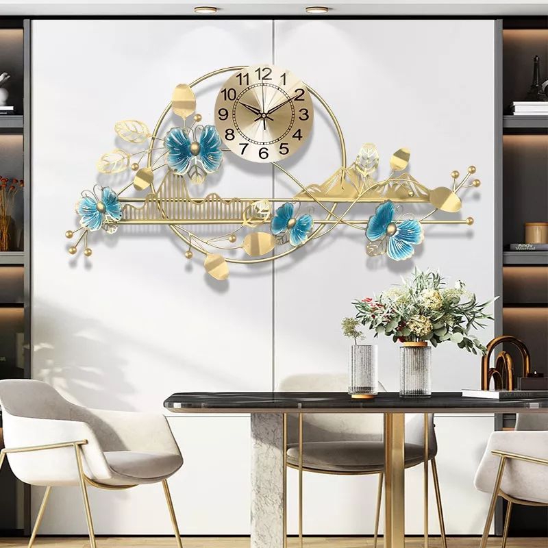 JAM DINDING IMPORT HIAS MOTIF DAUN MEWAH MODERN MINIMALIS UK 80CM DAUN GINGKO WARNA BIRU EMAS MURAH/