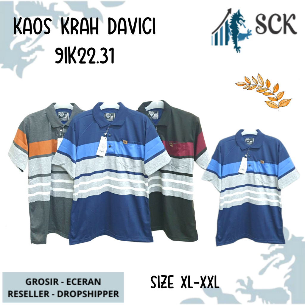 Kaos Kerah Pria DAVICI 2240 2219 2231 Motif Salur JUMBO Kombinasi Halus Original / Baju Cowok Size M-L - sckmenwear GROSIR