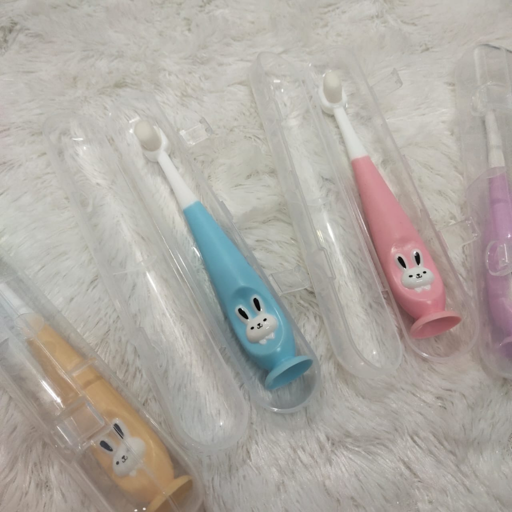 New Model Sikat Gigi Anak Bayi Cotton Termasuk KOTAK SIMPAN Halus Lembut Training Tooth Brush Karakter Kelinci