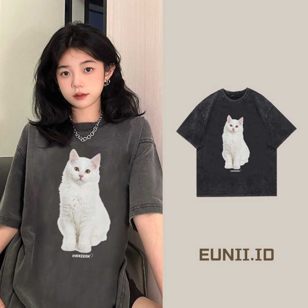 EUNII T-shirt Lengan Pendek Black Washed Vintage Putih Cat Printing Korean Style/Kaos Atasan Wanita/Baju Wanita