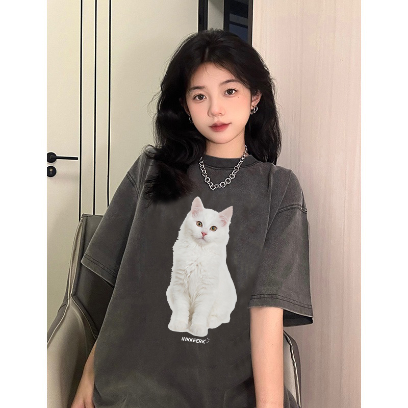 EUNII T-shirt Lengan Pendek Black Washed Vintage Putih Cat Printing Korean Style/Kaos Atasan Wanita/Baju Wanita