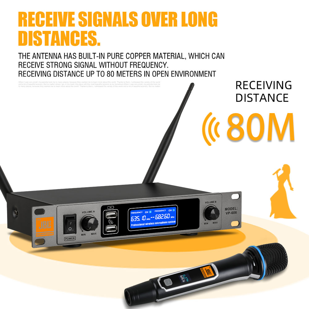 VP-606 Professional 2-channel Wireless Microphone UHF Receiver dengan port USB dengan MIC nirkabel asli yang dapat diisi ulang