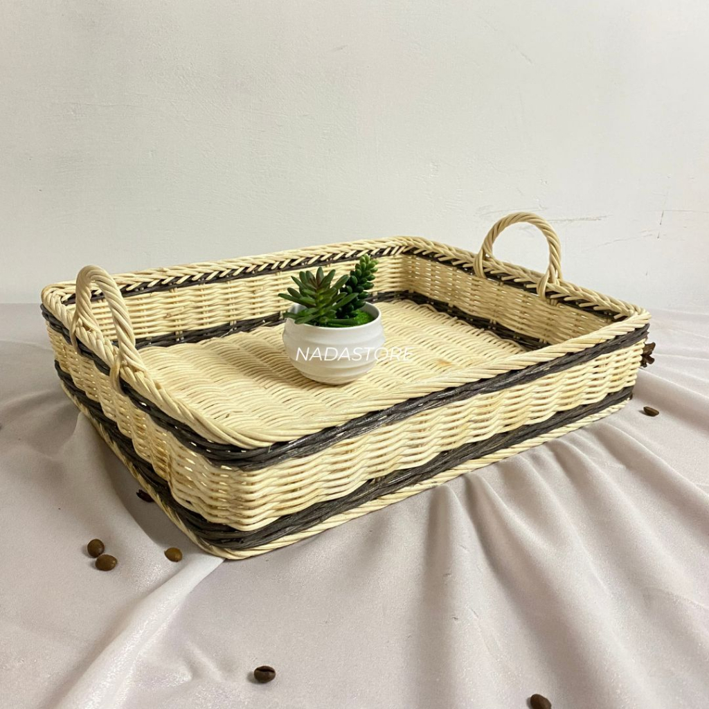 TRAY KERANJANG ROTAN / NAMPAN KOTAK ANYAMAN ROTAN AESTHETIC 40 X 30 X 8 CM