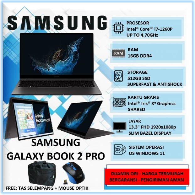 Laptop Touchscreen 2in1 Flip Samsung Galaxy Book 2 Pro Intel Core i7 Gen 12 Ram 16GB SSD 512GB 13" F