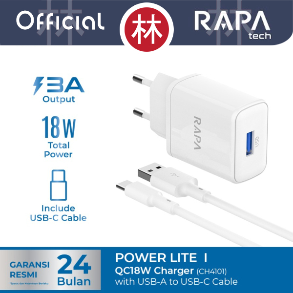 RAPAtech CH4101 - POWER LITE I - QC18W 3A Charger with A to C Cable