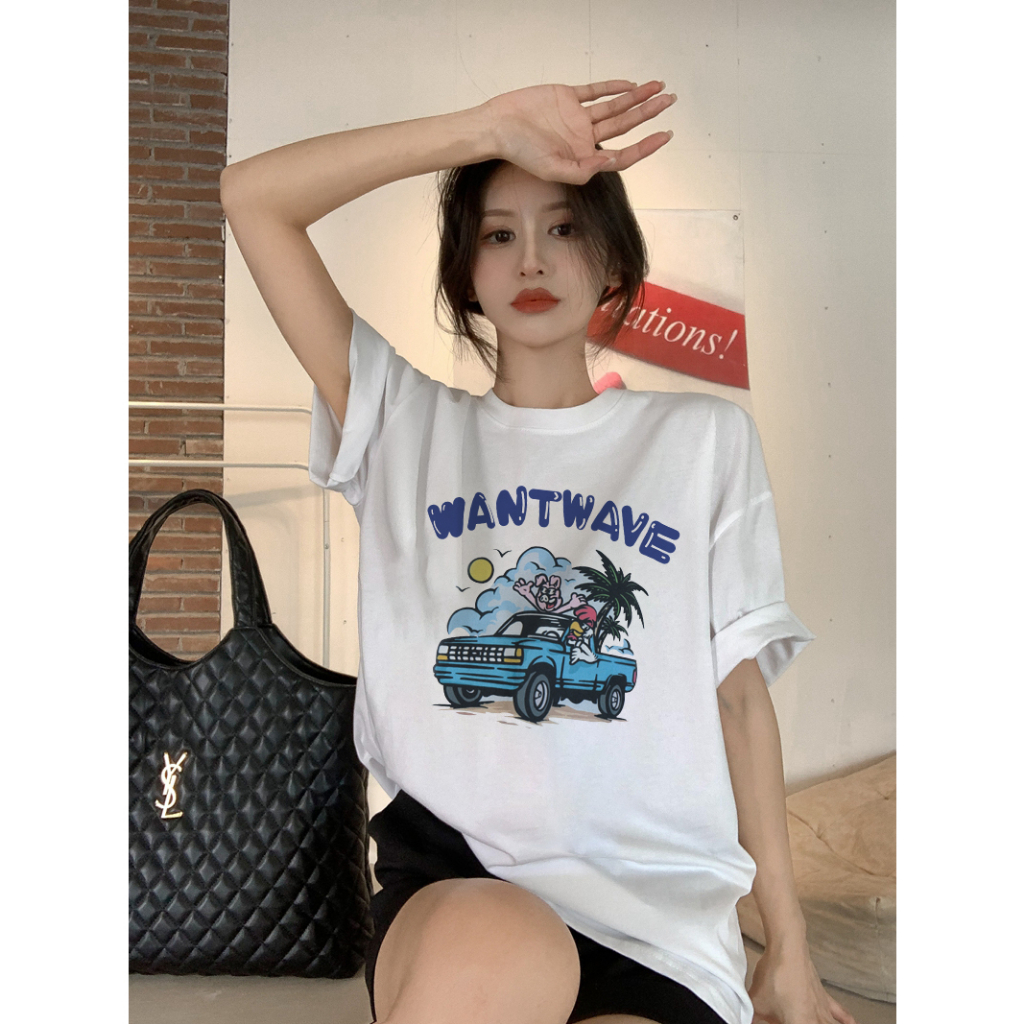 XiaoZhaiNv Kaos Atasan Oversize Wanita Blue Ca Pattern Lengan Pendek A0467