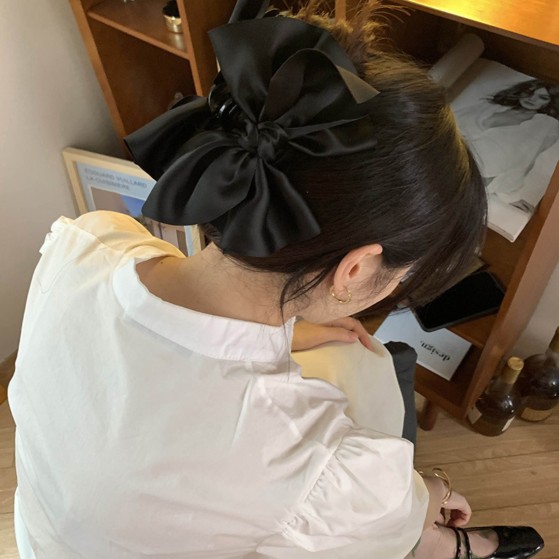 JEDAI PITA SATIN HITAM BOWKNOT BESAR IRREGULAR JEPIT RAMBUT JEPITAN KOREA BLACK BIG SILK BOW HAIR CLAW