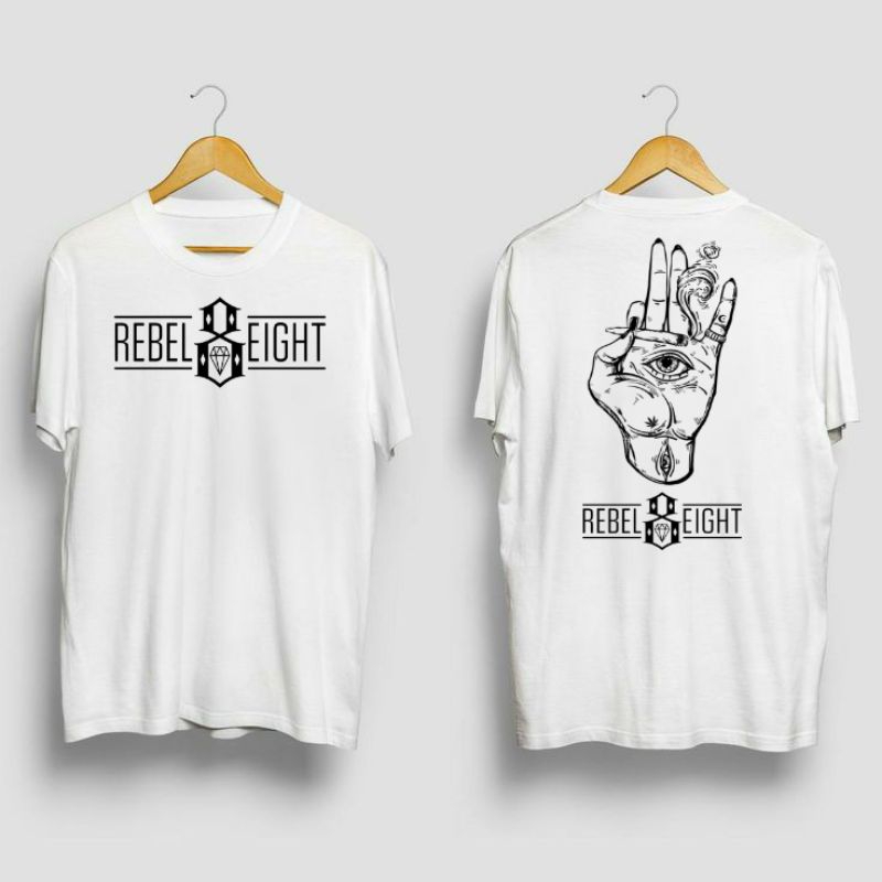 Kaos Distro Rebel8 Putih 100% Cotton Combad 24s Design Kode 03 / T Shirt Distro Rebel Eight / Kaos D