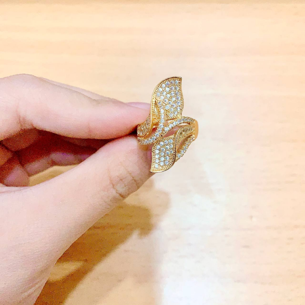 JT - Cincin Titanium Steel Lapis Emas 18k Desain Daun Gaya Korea Untuk Wanita