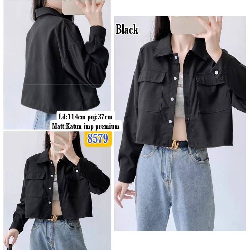 Kemeja crop kantong polos 8579  Bahan katun imp premium fit to xl