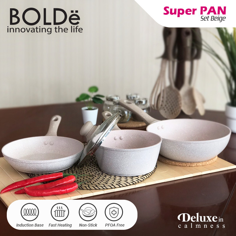 BOLDe Set Wajan / Super PAN Granite 3+1 pcs set BEIGE Panci Keramik Anti Lengket Teflon