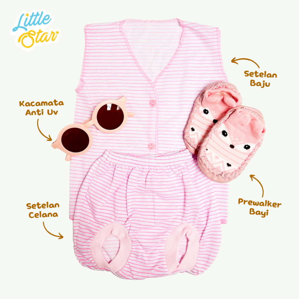 LS 4in1 Set Paket Setelan Baju Bayi Newborn Baby Yukensi Kutungan Tanpa Lengan Prewalker Kacamata Bulat Anti UV