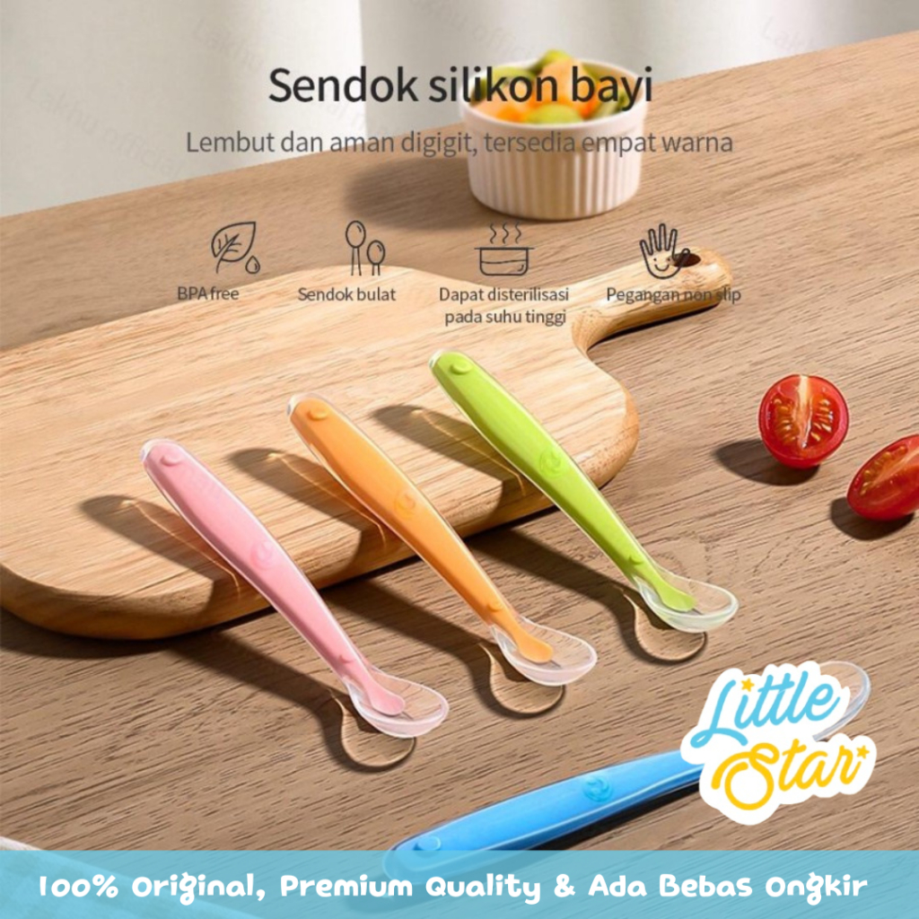 LS 2in1 Set Sendok Makan Mpasi Bayi Silikon Sensor Panas Bundling Free Box BPA Free Food Grade Baby Spoon Fork