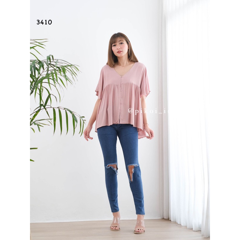 Blouse wanita polos busui full kancing / baju korea v neck katun flowy / atasan wanita peplum 3410