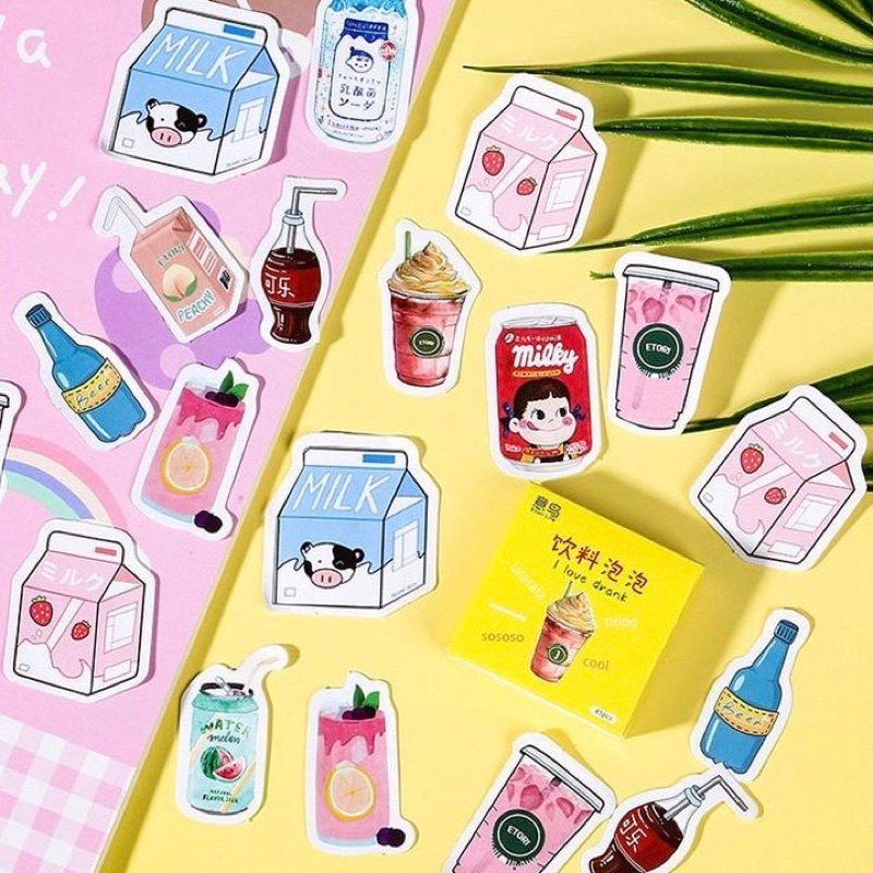 

(READY) 46PCS CUTE DRINKS STICKER BOX SET | cola deco milk aesthetic stiker pastel unicorn 90s colorful penpal postcard postcrossing journal kit journaling scrapbook diary dekorasi bujo planner diy masking washi kawaii notebook lucu kartu pos photocard