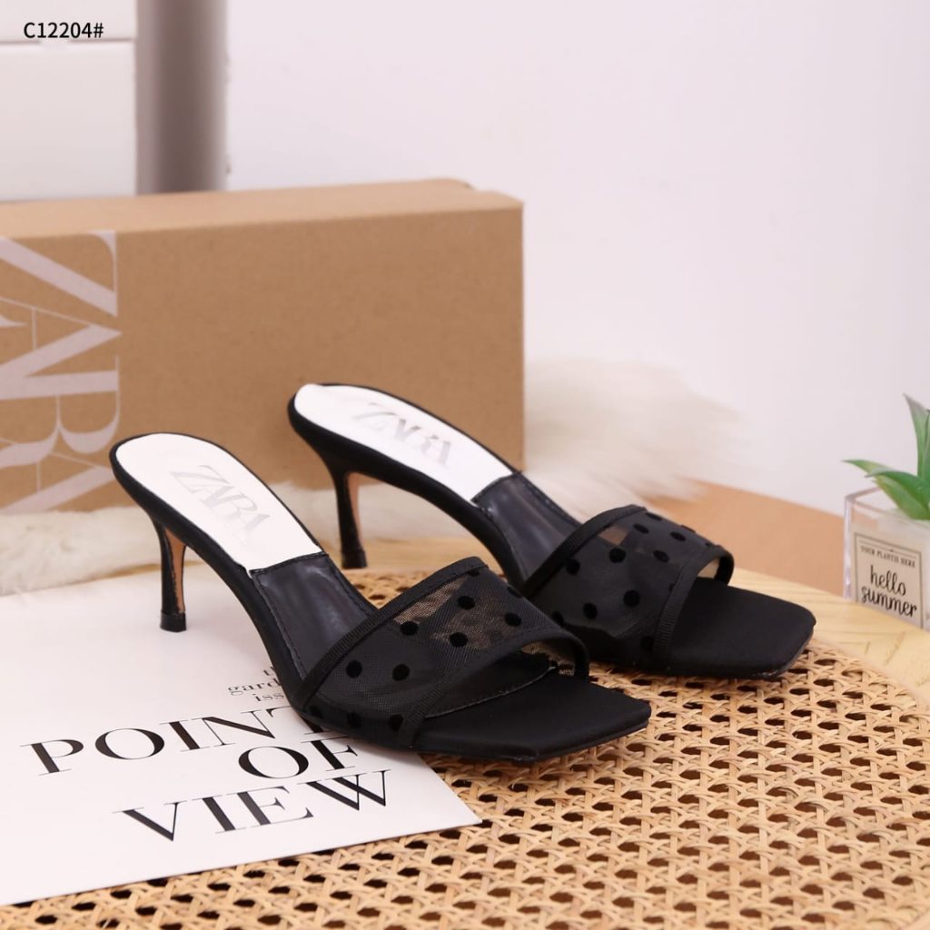 ZR Polka Dot Mesh Mules Heels Shoes C12204