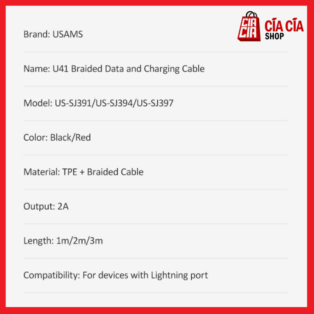 USAMS U41 Kabel Data USB Lightning Kabel Charger Iphone Lightning 2A