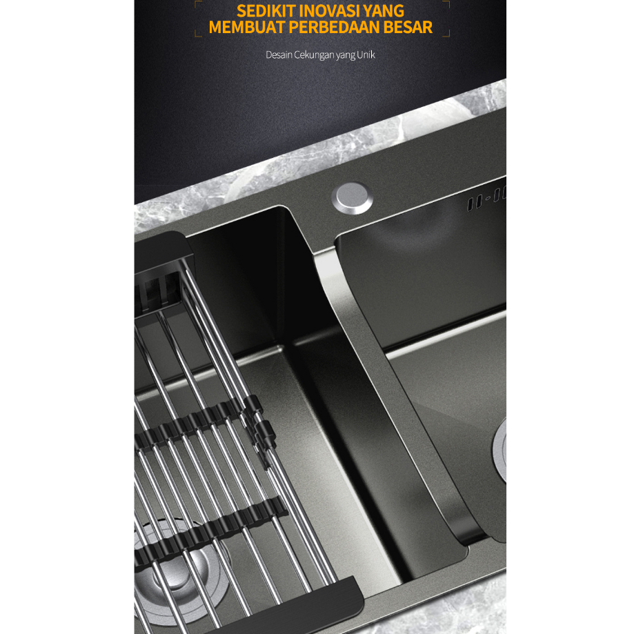 Paket Kitchen Sink Stainless 304 / Black Faucet Tarik Adjustable / Set Wastafel Dapur