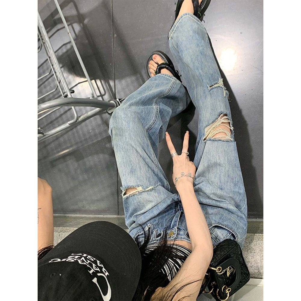 High Waist Celana Jeans Wanita Panjang Warna Biru Korea Terbaru Dengan Potongan Kaki Lebar Yang Keren