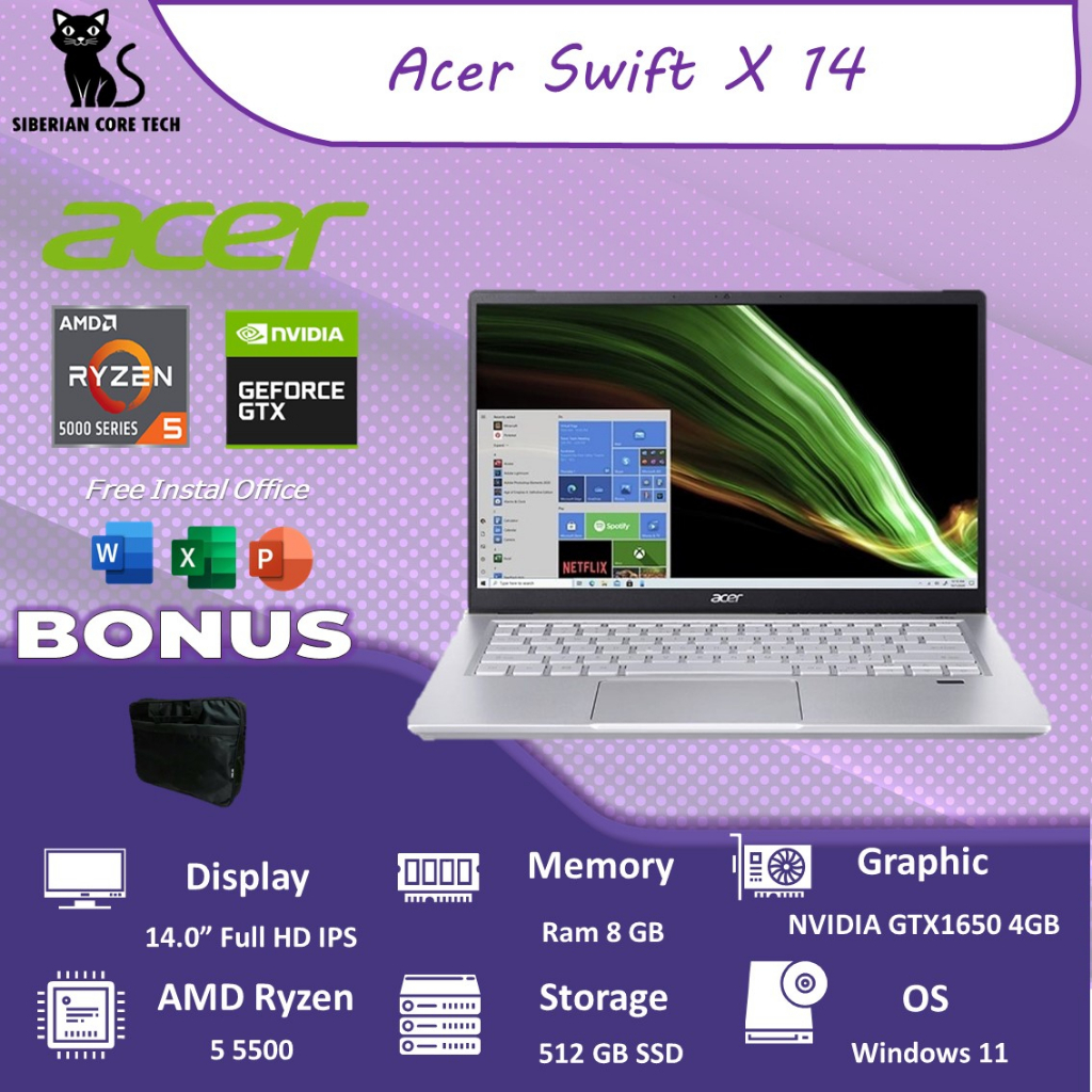 ACER SWIFT X 14 SFX14 GTX1650 4GB/ RYZEN 5 5500 8GB 512SSD W11 14.0FHD IPS