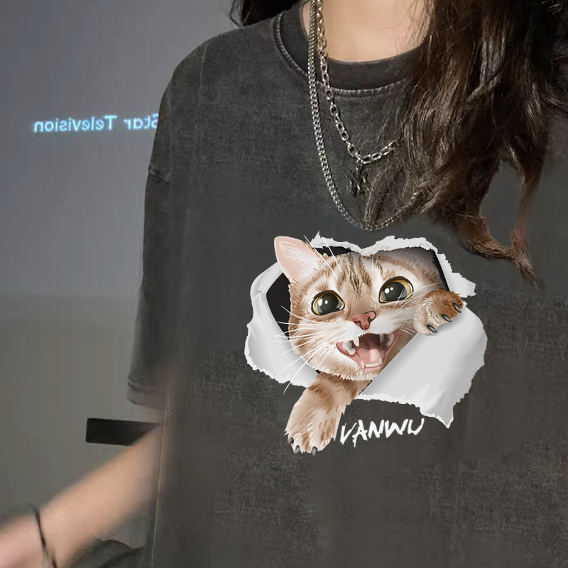 Print Washed T-shirt Kaos Lengan Pendek Oversize Cartoon Torn Cat Korean Style Atasan Wanita
