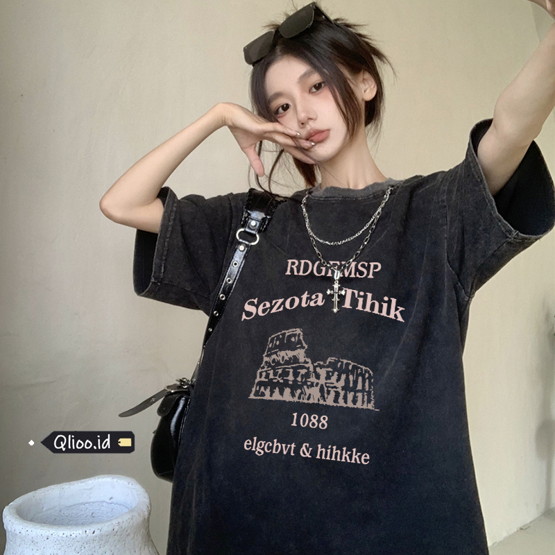 Print Washed T-shirt Kaos Lengan Pendek Oversize Vintage Building Korean Style Atasan Wanita