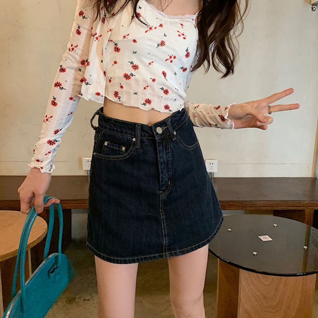 Biru tua Highwaist Rok Celana Pendek Denim / A-Line Rok Jeans Import
