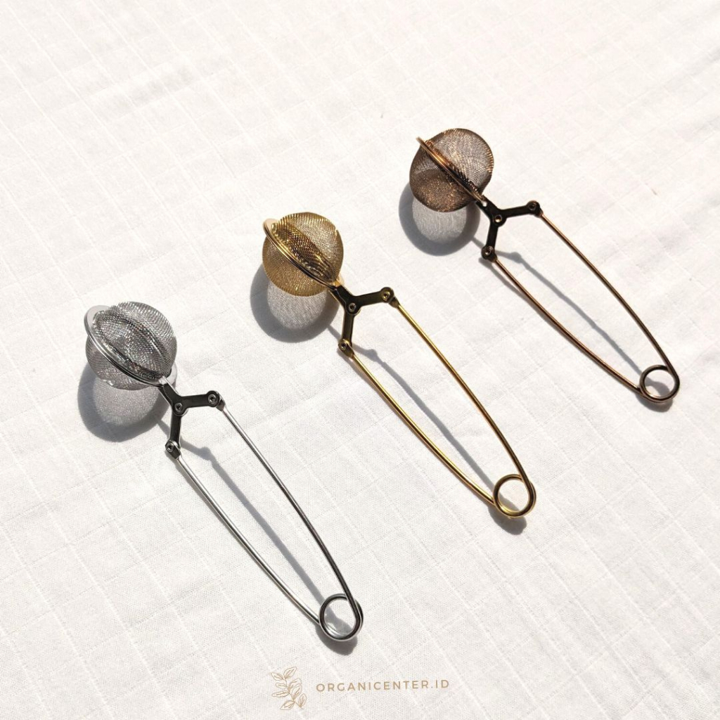 Saringan Teh Tea Infuser Strainer Stainless Steel Estetik With Handle Clip Rempah Filter Jepit Bola Bulat Reuseable Eco Friendly Silver Gold
