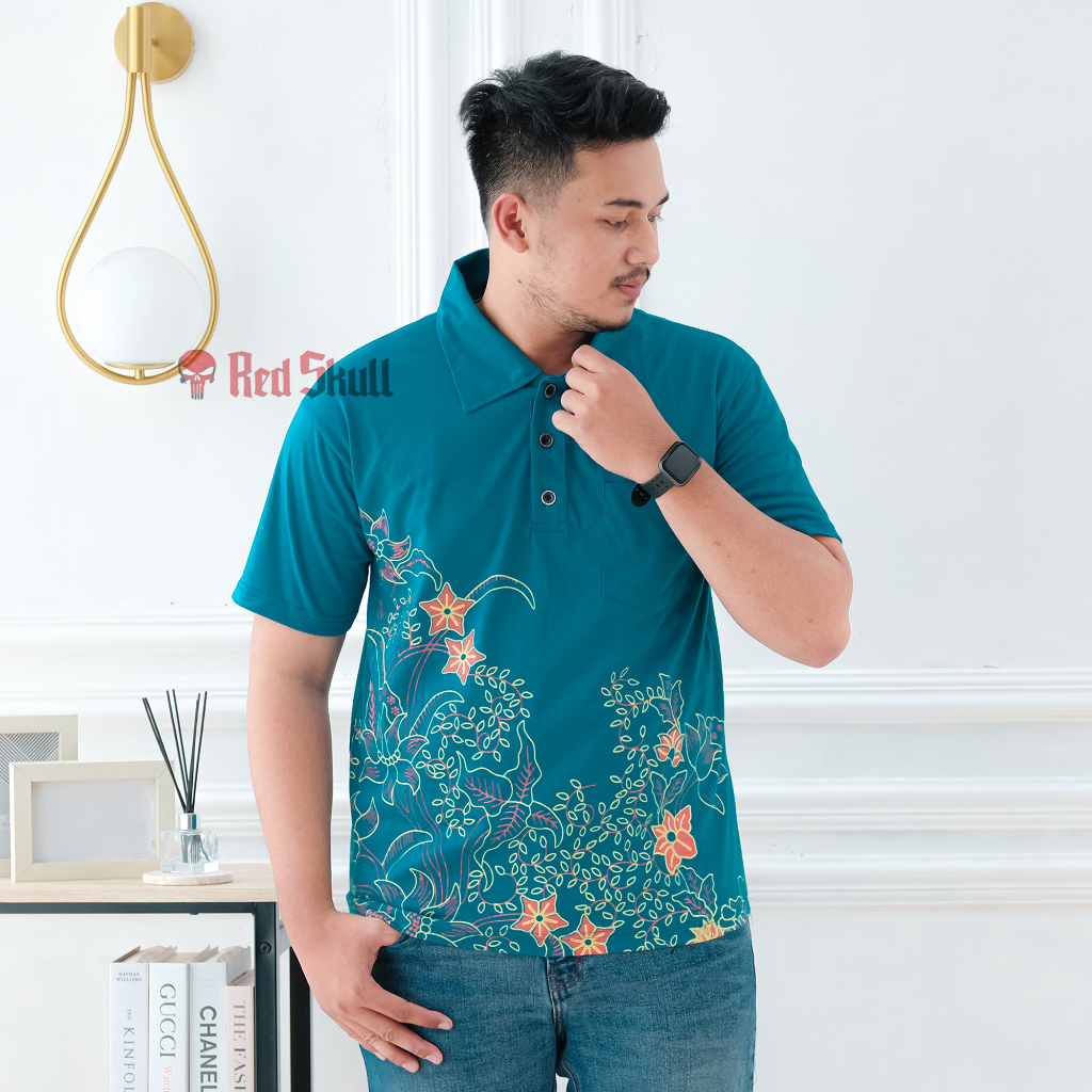 RED SKULL Kaos Kerah Polo Katun Motif Batik Bunga Tulip Ada Saku