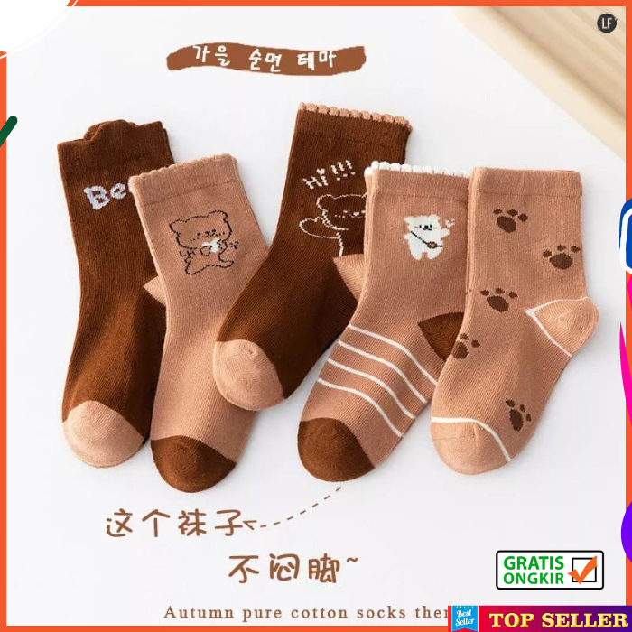 Kaos Kaki Anak Perempuan Sekolah TK SD Motif Beruang Coklat Fashion Cewek Socks Kids Terbaru K9A