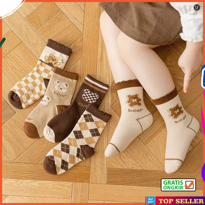 Kaos Kaki Anak Perempuan Sekolah TK SD Motif Beruang Coklat Fashion Cewek Socks Kids Terbaru K9AW