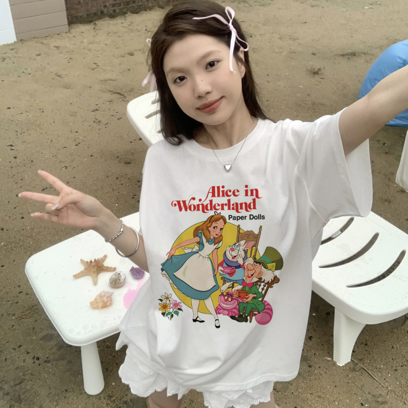 Print T-shirt Kaos Lengan Pendek Cartoon Alice Oversize Atasan Wanita Korean Style