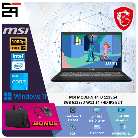 MSI Modern 14 i3 1115G4 8GB 512GB SSD W11 14 Inchi FHD IPS BLIT