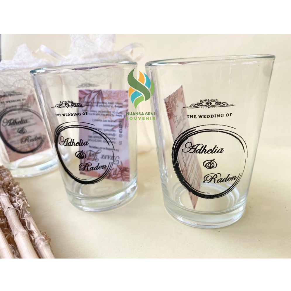 Souvenir Pernikahan Gelas Minum Jamu Mug Kaca Kecil Cangkir Minum Gelas Sablon