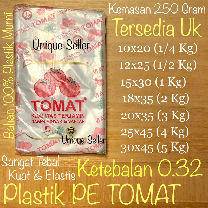 Kantong Plastik PE Tomat Uk 10x20 (1/4 Kg) 12x25 (1/2 kg) 15x30 (1 kg) 18x35 (2 kg) 20x35 (3 kg) 25x45 (4 kg) 30x45 (5 kg) / Plastik PE Tomat 1 kg 2 kg 3 kg 4 kg 5 kg