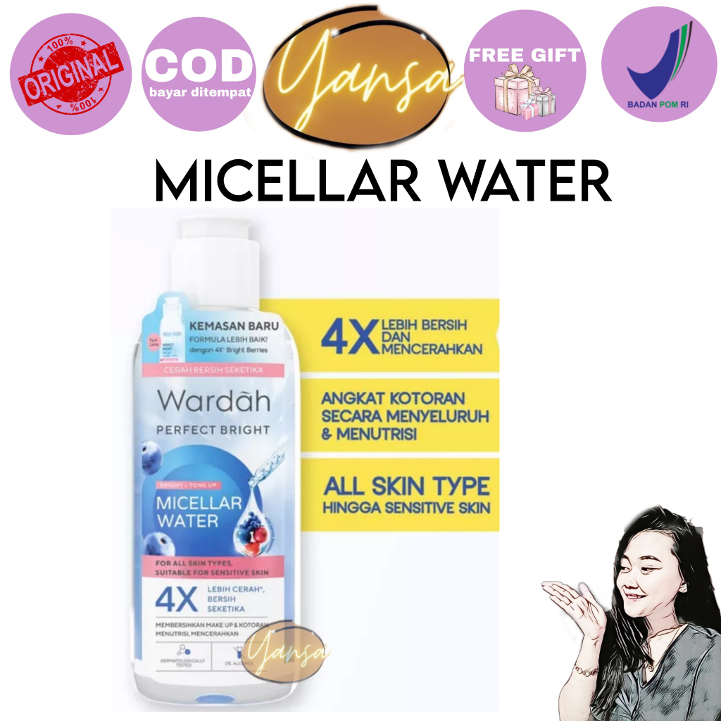 Wardah Perfect Bright Tone Up Micellar Water, pembersih wajah tanpa bilas dengan jutaan micelles pencerah yang bersihkan wajah dari make up, kotoran, dan minyak berlebih dengan lembut. Formula Cucumber Extract membuat kulit terasa lebih segar dan menjadik