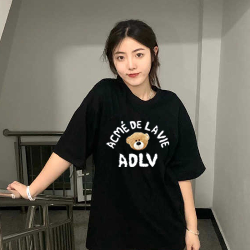 Vintage Kaos Lengan Pendek Bear hitam Atasan Wanita Oversize Printed T-shirt Kekinian Korean Style