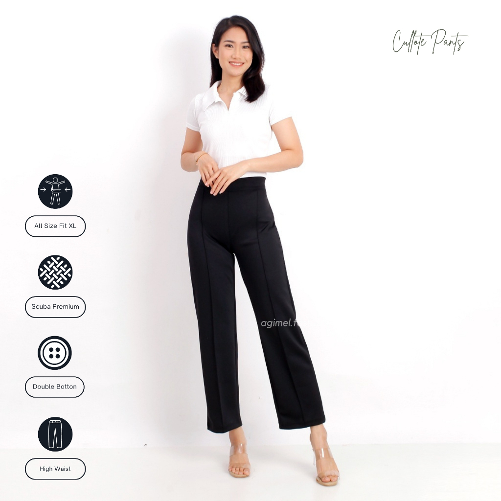 Celana High Waist Wanita Panjang Korean Style Kulot Scuba Premium Double Botton Casual Formal Cullot