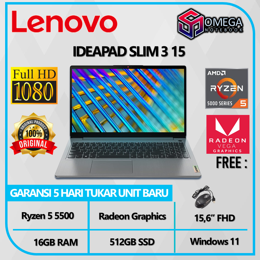 Lenovo Ideapad Slim 3 15 Ryzen 5 5500 20GB 512Ssd 15.6FHD Windows 11PRE