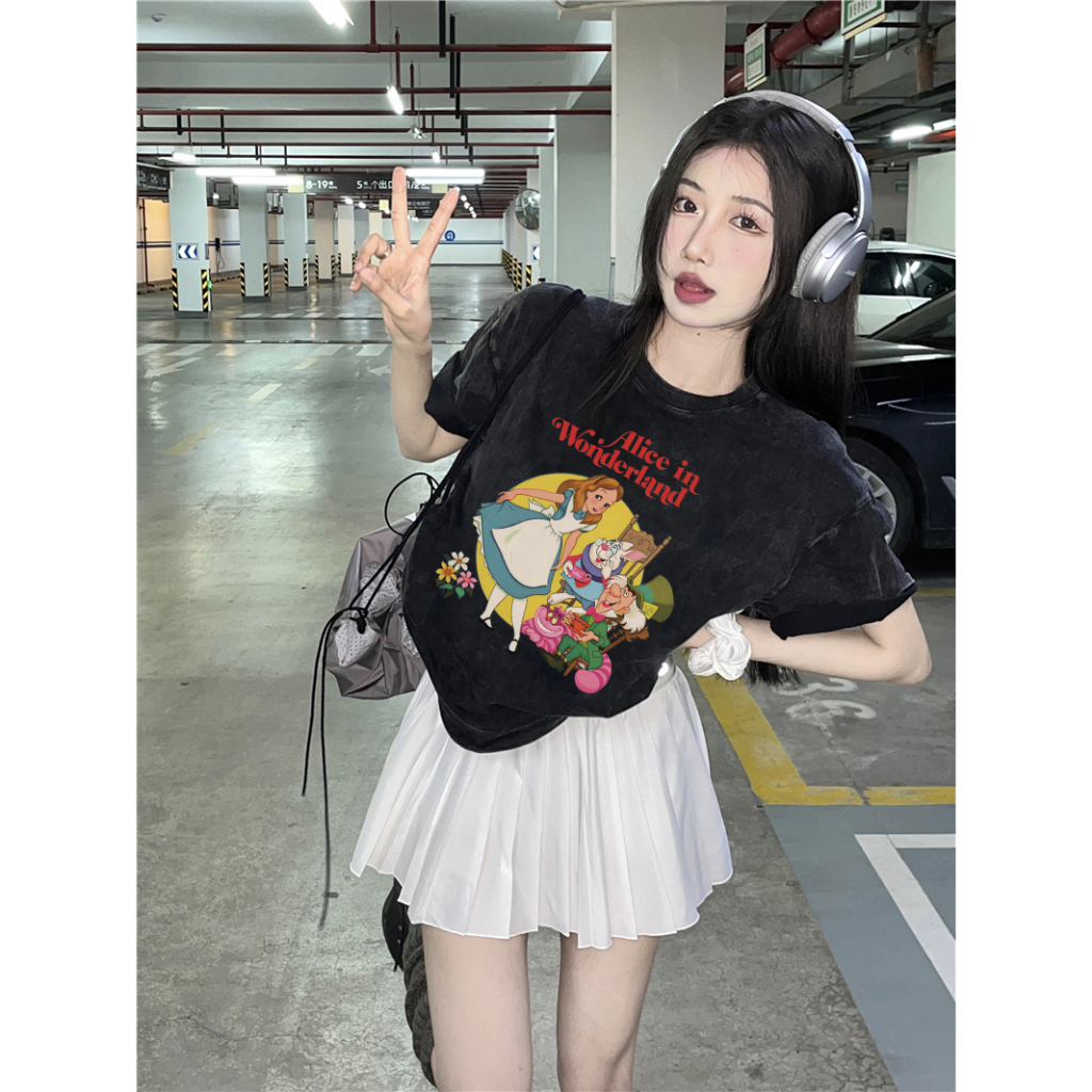 EUNII T-shirt Lengan Pendek Black Washed Cartoon Alice Printing Korean Style/Kaos Atasan Wanita/Baju Wanita