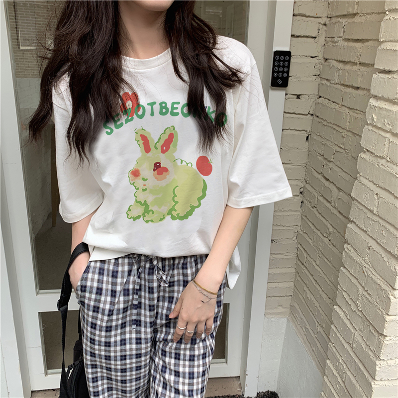 XiaoZhaiNv Kaos Atasan Wanita Green Bunny Pattern Lengan Pendek A0787
