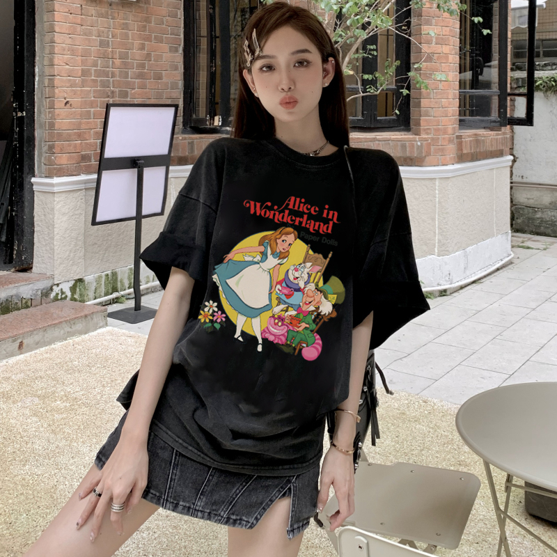 Print Washed T-shirt Kaos Lengan Pendek Oversize Cartoon Alice Korean Style Atasan Wanita