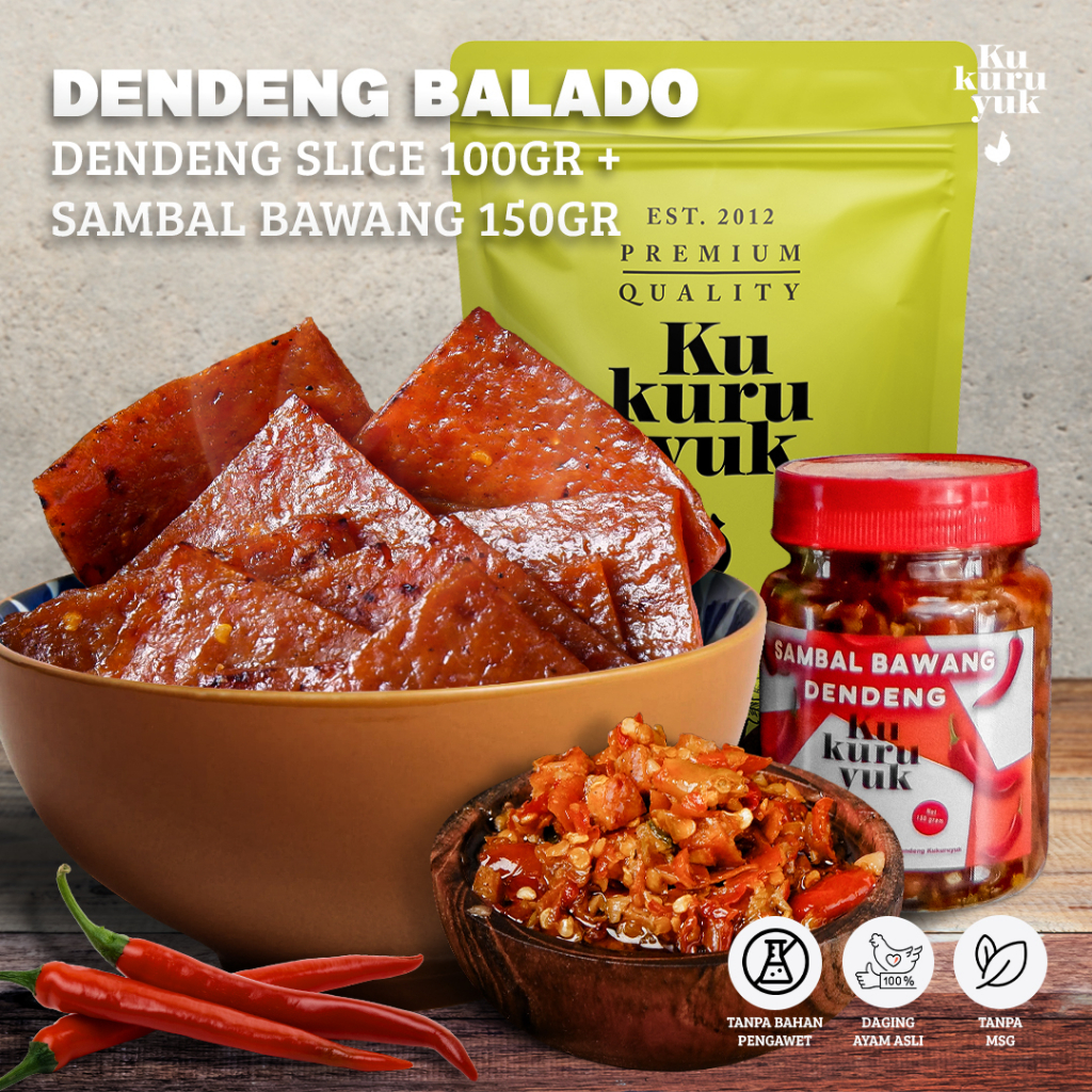 

Dendeng Balado Kukuruyuk - 100gr Dendeng Slice + 150gr Sambal Bawang Dendeng Ayam Makanan Siap Saji Frozen Food