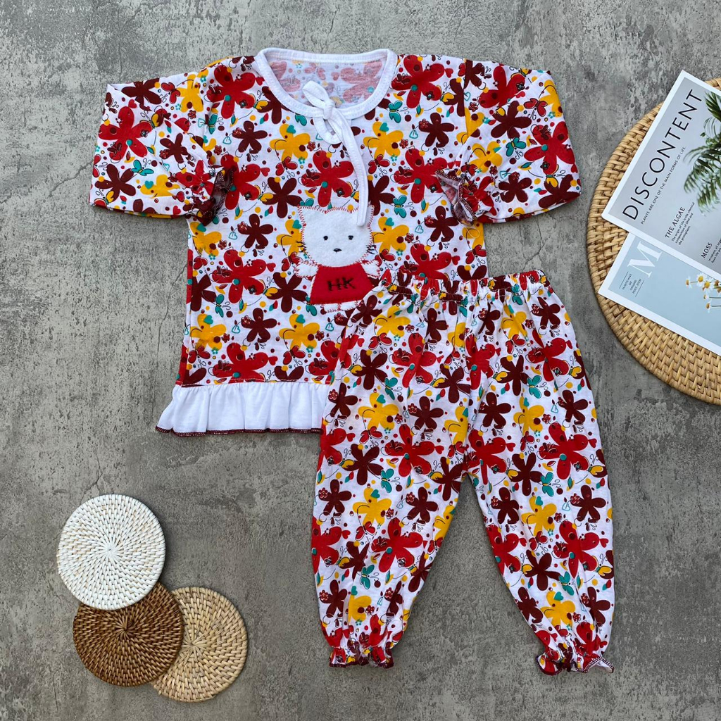 Setelan Baju Bayi Piyama Bayi Perempuan Lengan Panjang Motif Kitty Flower Usia 3-12 Bulan Almeera Baby and Kids