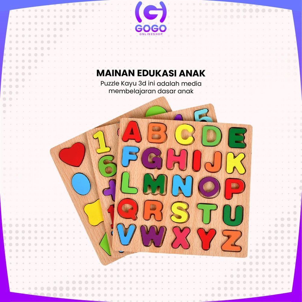 GOGO-M313 Mainan Edukasi Anak Puzzle Kayu 3D Huruf Angka dan Bangun Datar / Puzzle Alphabet Mainan Kayu Anak / Wooden Toys ABC Kids