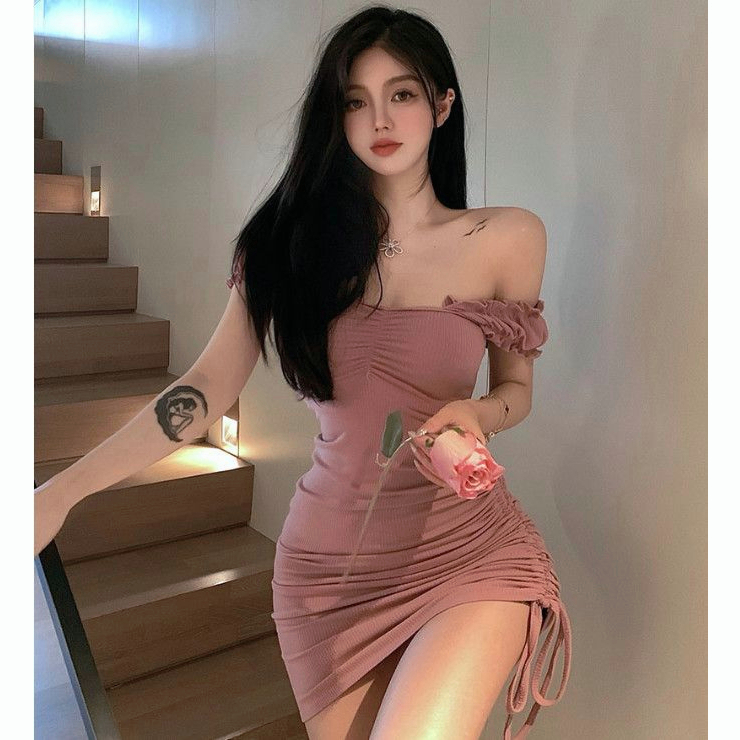 Cohan DR826 ONE LINE NECK BUBBLE SLEEVED DRESS FOR WOMEN'S SUMMER  DRAWSTRING DESIGN SENSE, NICHE SPICY GIRL TEMPERAMENT PINK DRESS