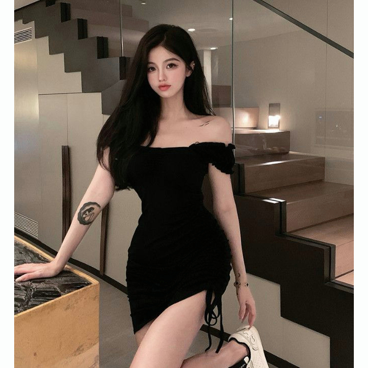 Cohan DR826 ONE LINE NECK BUBBLE SLEEVED DRESS FOR WOMEN'S SUMMER  DRAWSTRING DESIGN SENSE, NICHE SPICY GIRL TEMPERAMENT PINK DRESS