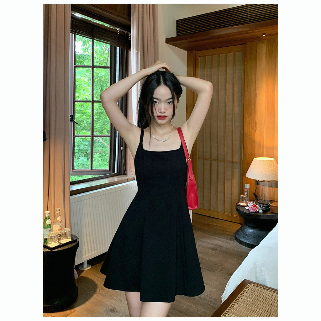 DR823 BLACK SUSPENDER DRESS FOR WOMEN'S SUMMER 2023 NEW A-LINE SHORT SKIRT WITH A HIGH-END SENSE OF STITCHING AND TEMPERAMENT. WAIST TIED SKIRT