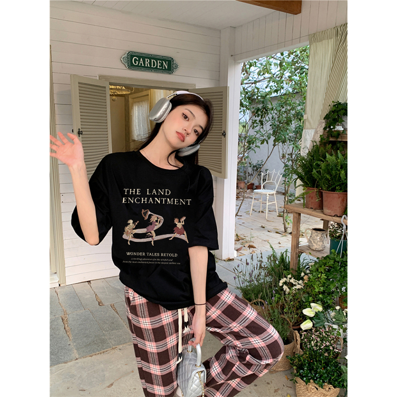 [100%  Katun]Vintage Kaos Lengan Pendek Cream Atasan Wanita Oversize Printed T-shirt Kekinian Korean Style